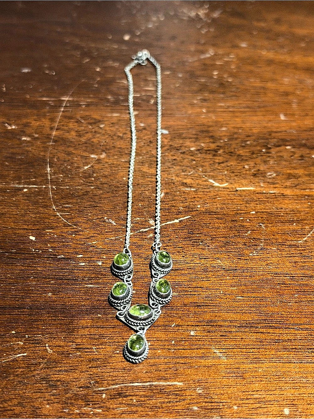 Sterling Silver 925 Peridot Cabochon Bohemian Drop Necklace 18 Inches